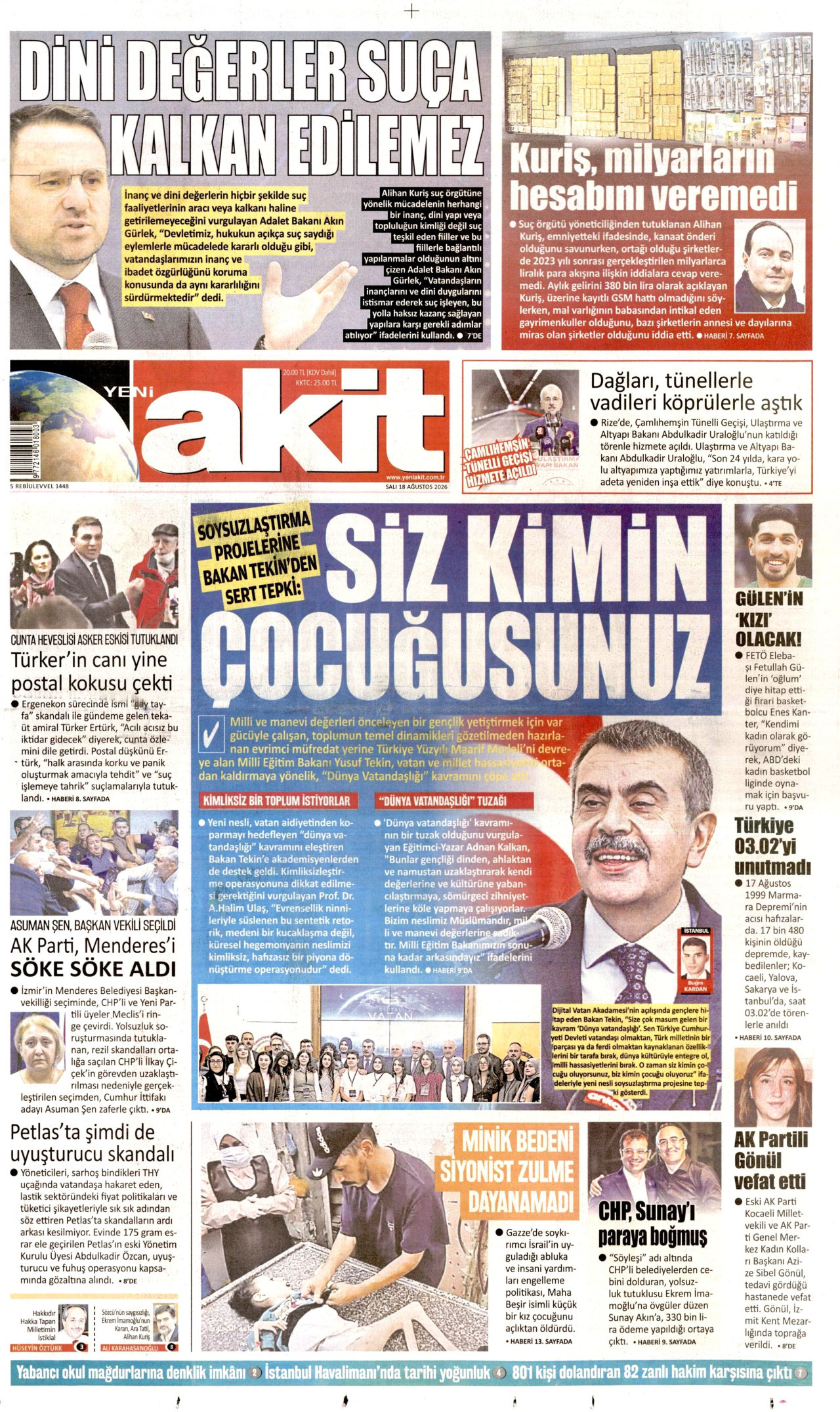 YENİ AKİT gazetesinin 18 Ağustos 2026 tarihli birinci sayfası