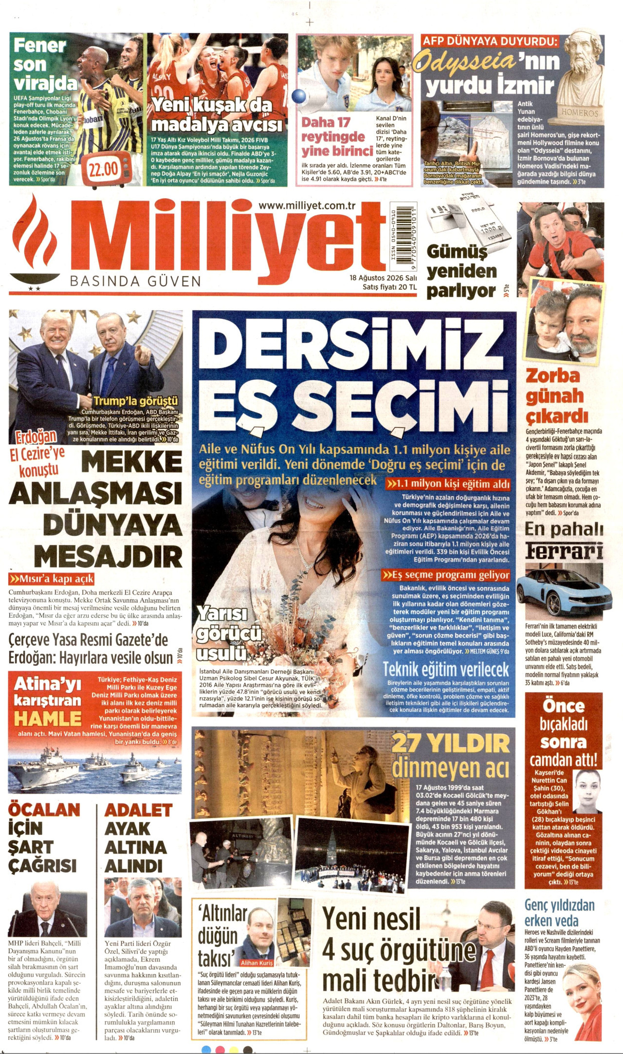 MİLLİYET gazetesinin 18 Ağustos 2026 tarihli birinci sayfası