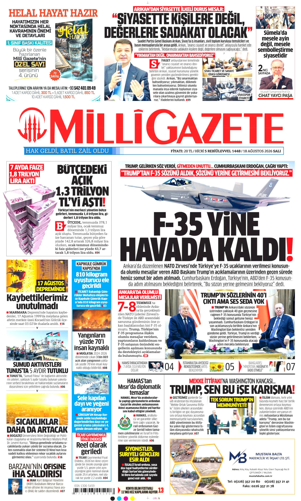 MİLLİ GAZETE gazetesinin 18 Ağustos 2026 tarihli birinci sayfası