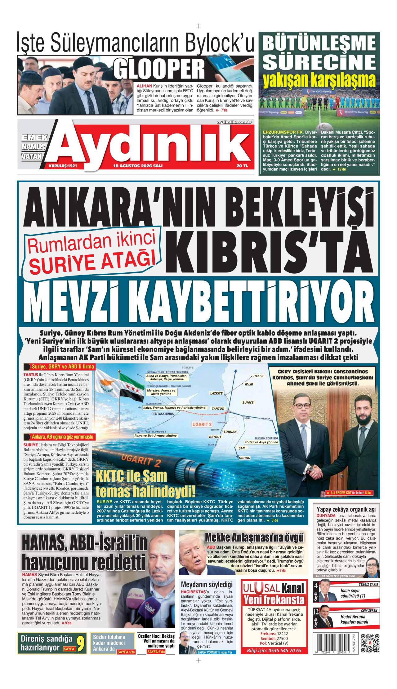 AYDINLIK GAZETESİ gazetesinin 18 Ağustos 2026 tarihli birinci sayfası