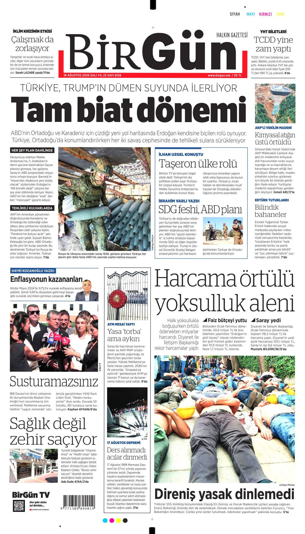BİRGÜN gazetesinin 18 Ağustos 2026 tarihli birinci sayfası