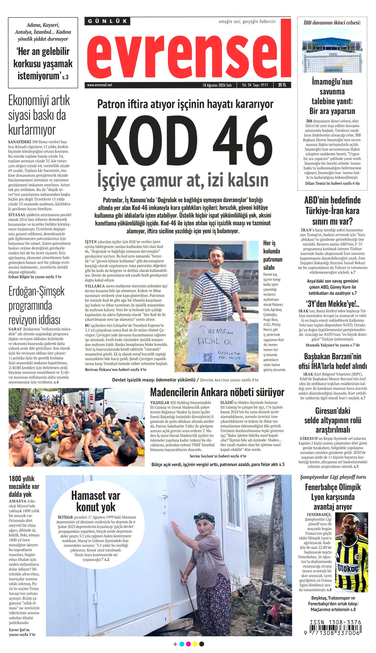 EVRENSEL gazetesinin 18 Ağustos 2026 tarihli birinci sayfası