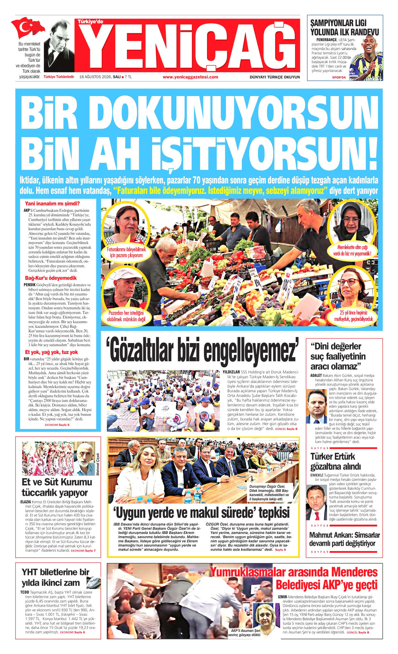 YENİÇAĞ gazetesinin 18 Ağustos 2026 tarihli birinci sayfası