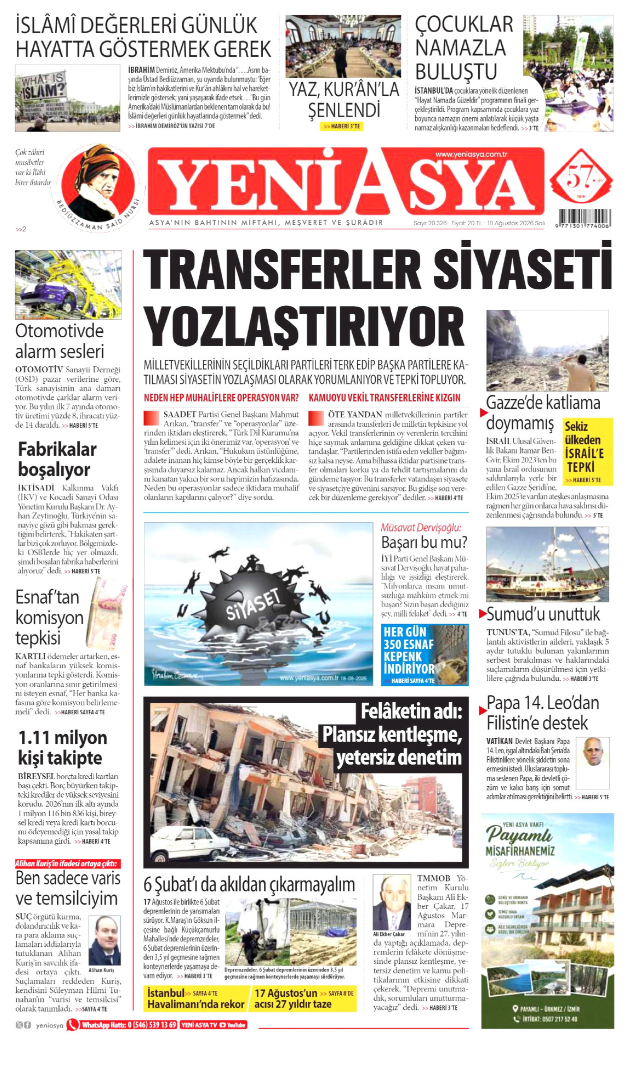 YENİ ASYA gazetesinin 18 Ağustos 2026 tarihli birinci sayfası