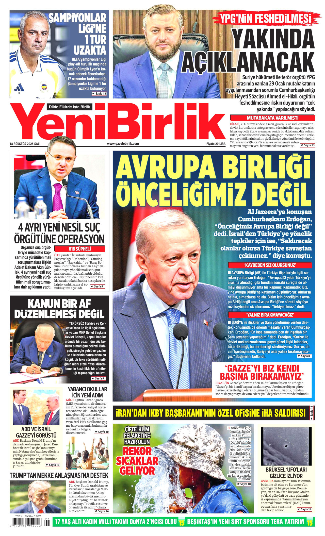 YENİBİRLİK gazetesinin 18 Ağustos 2026 tarihli birinci sayfası
