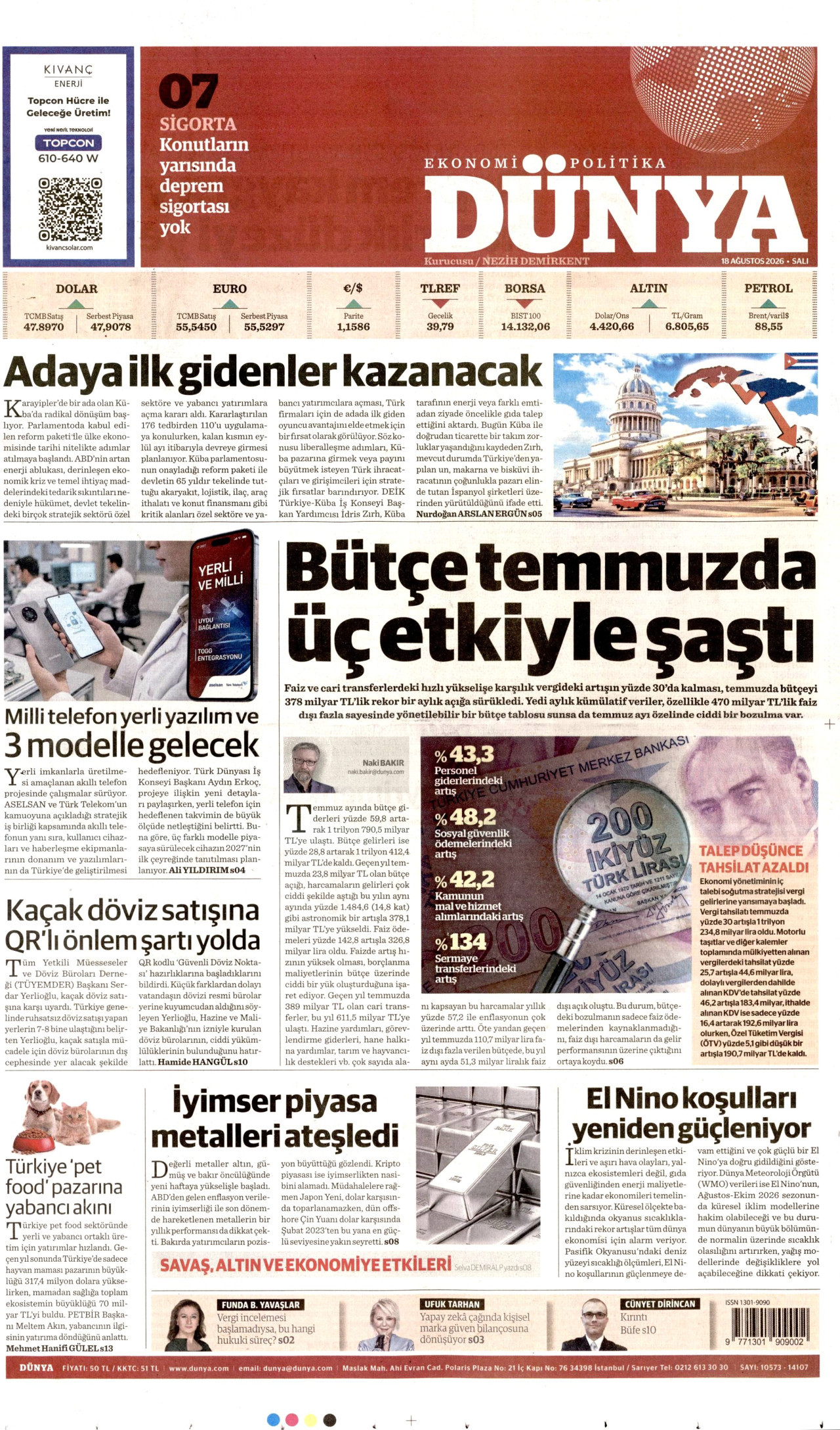 DÜNYA gazetesinin 18 Ağustos 2026 tarihli birinci sayfası