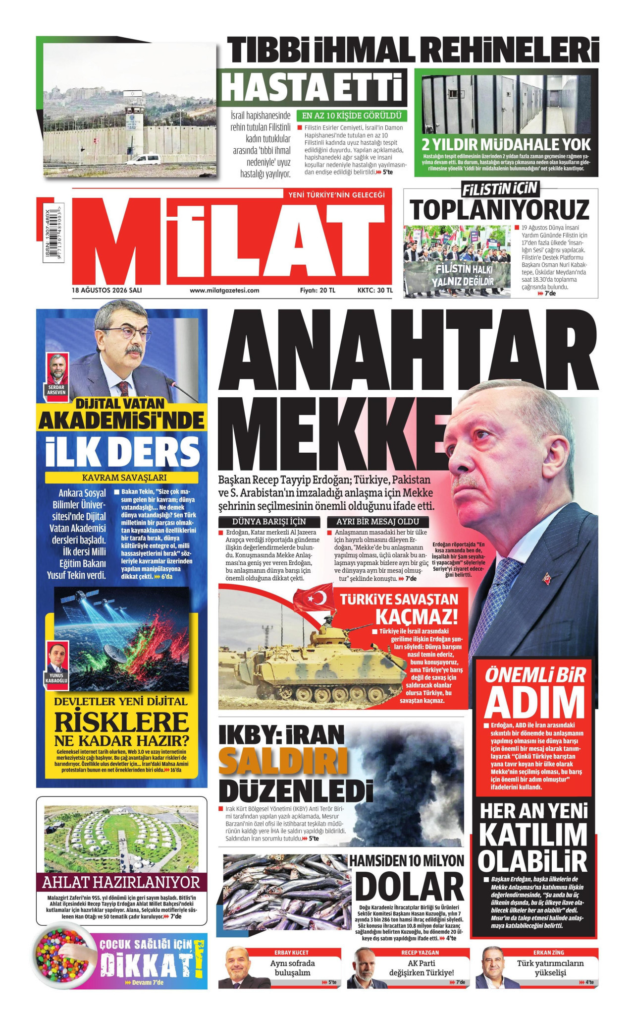 MİLAT gazetesinin 18 Ağustos 2026 tarihli birinci sayfası