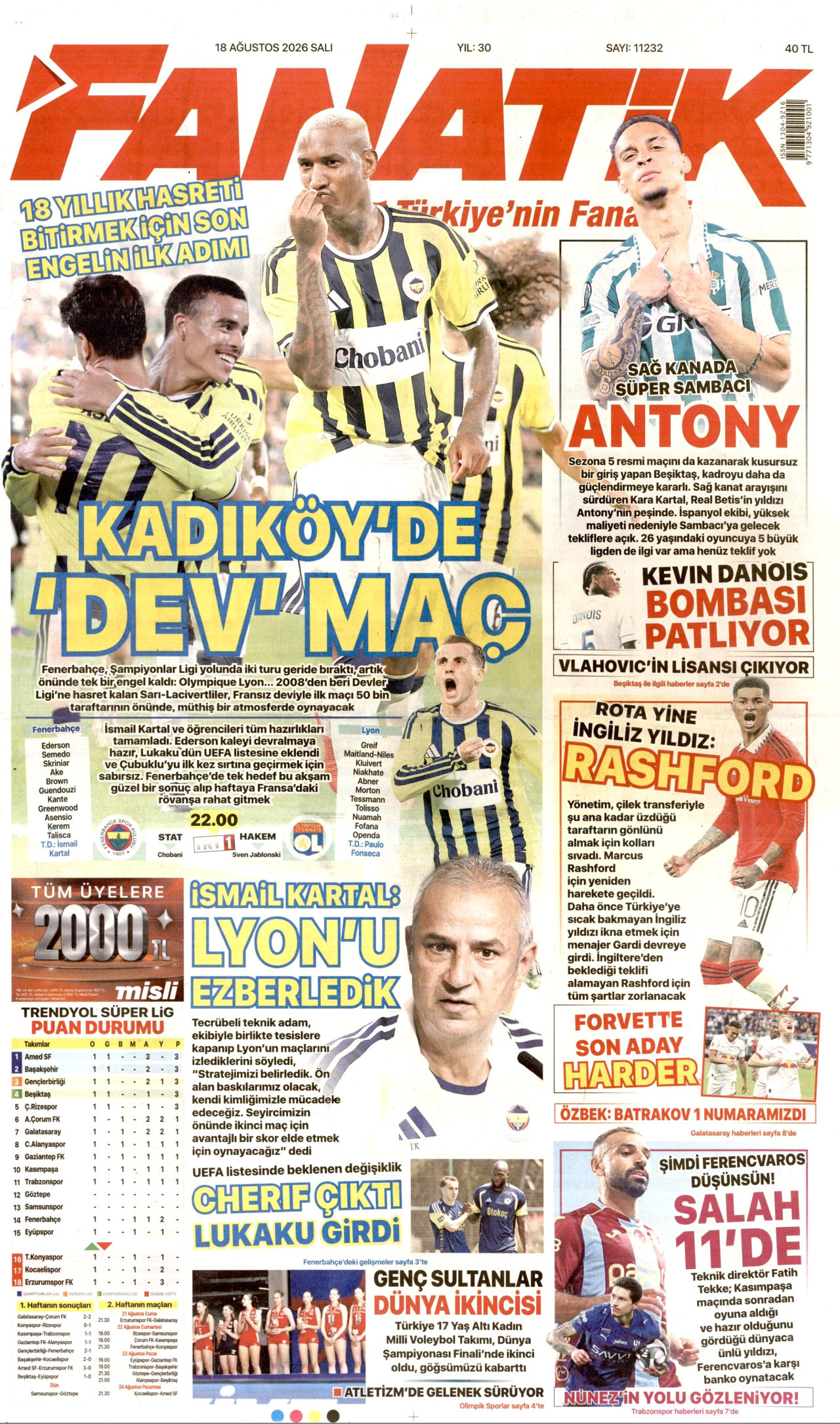 FANATİK gazetesinin 18 Ağustos 2026 tarihli birinci sayfası