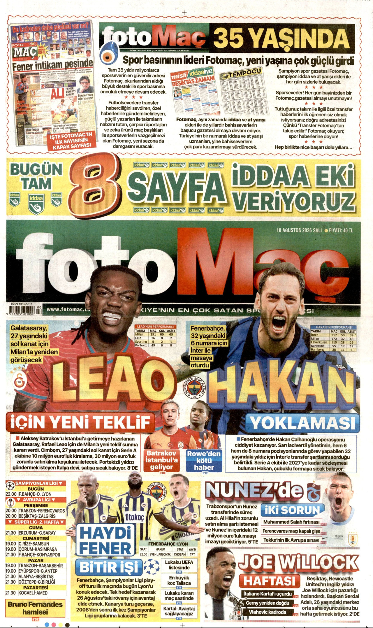 FOTOMAÇ gazetesinin 18 Ağustos 2026 tarihli birinci sayfası