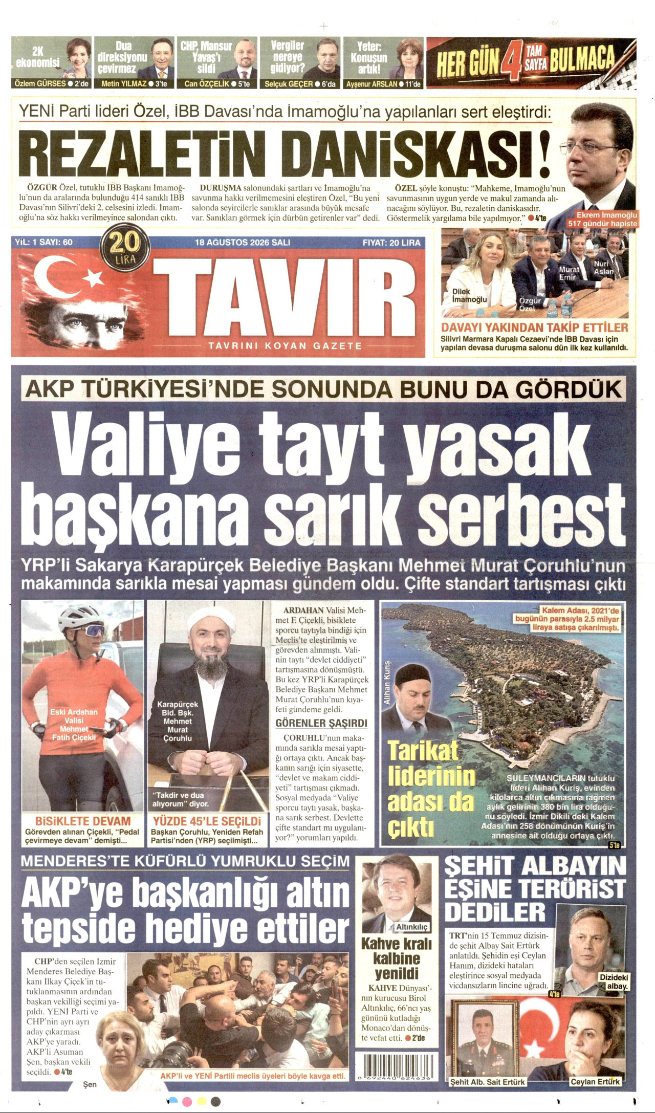 TAVIR GAZETESİ gazetesinin 18 Ağustos 2026 tarihli birinci sayfası