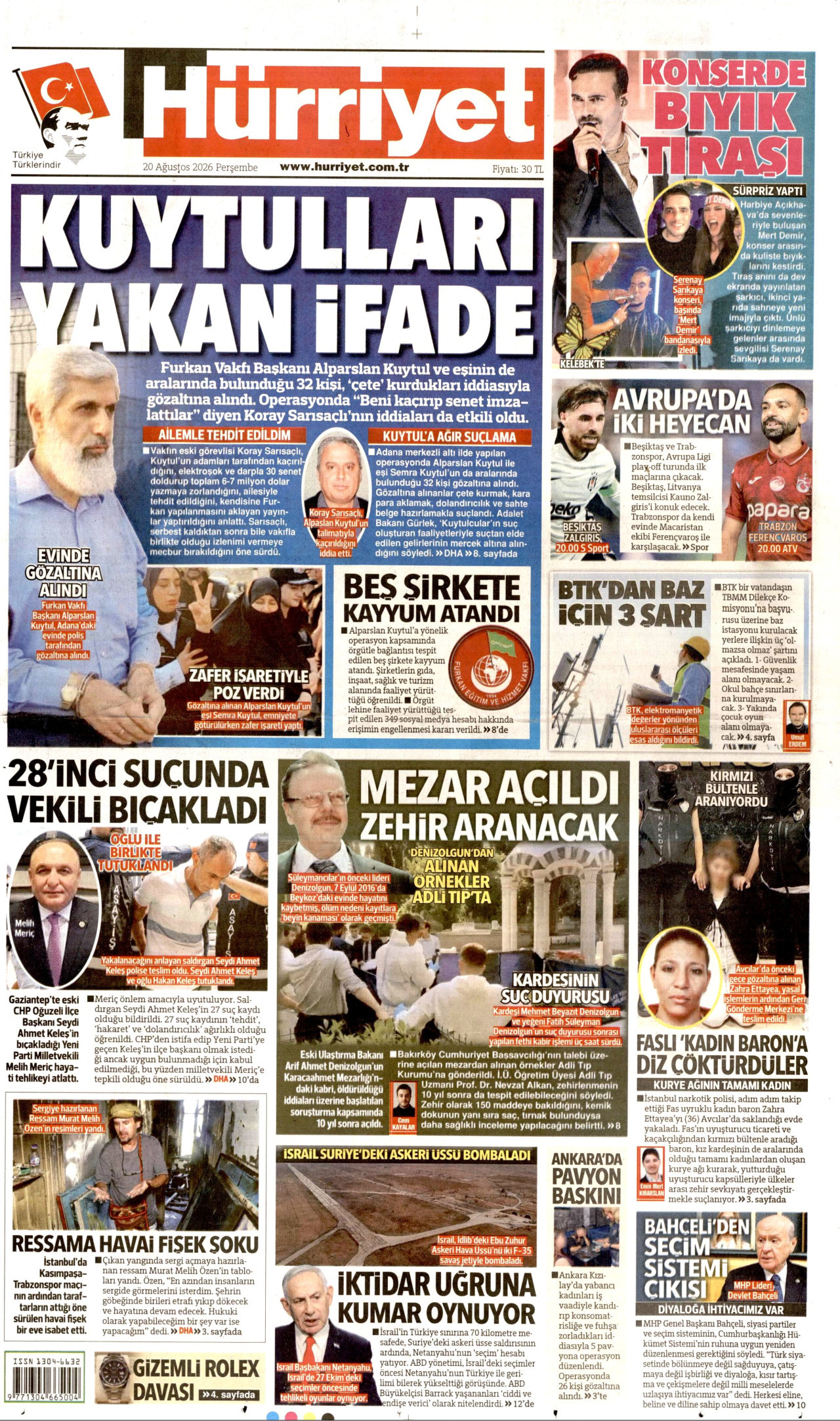 HÜRRİYET gazetesinin 20 Ağustos 2026 tarihli birinci sayfası
