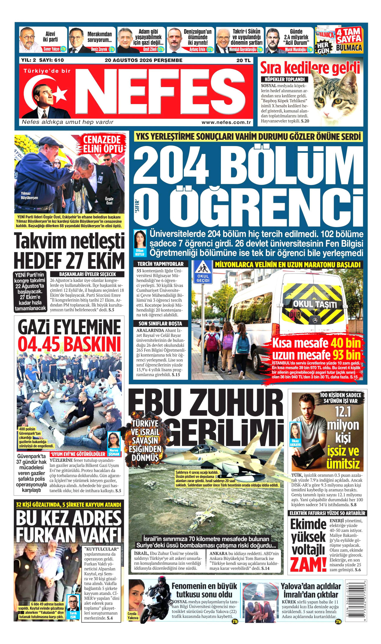 NEFES gazetesinin 20 Ağustos 2026 tarihli birinci sayfası