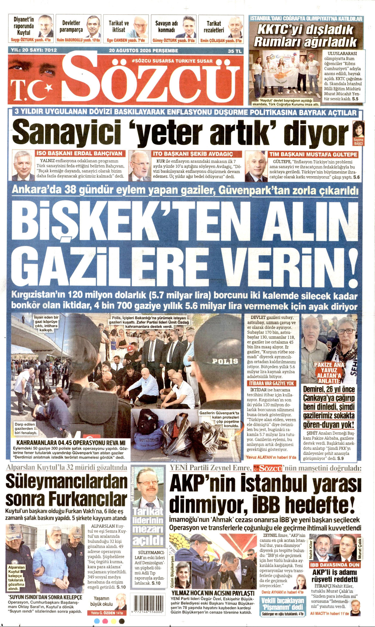 SÖZCÜ gazetesinin 20 Ağustos 2026 tarihli birinci sayfası