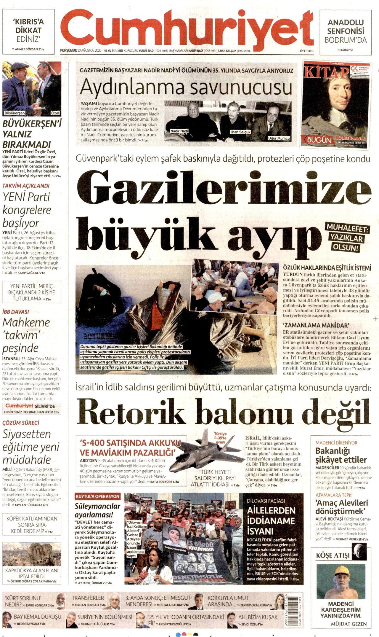 CUMHURİYET gazetesinin 20 Ağustos 2026 tarihli birinci sayfası