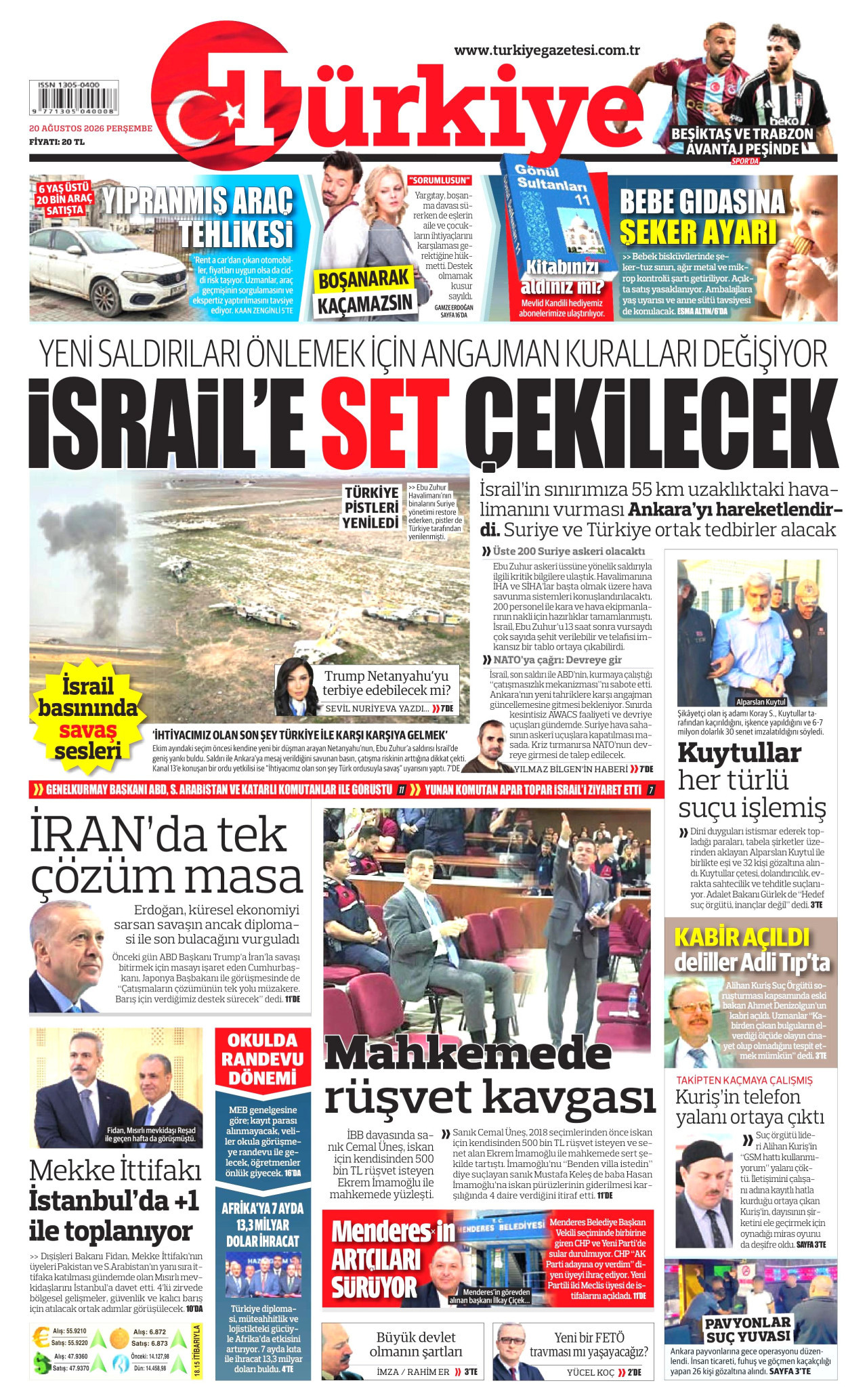 TÜRKİYE GAZETESİ gazetesinin 20 Ağustos 2026 tarihli birinci sayfası
