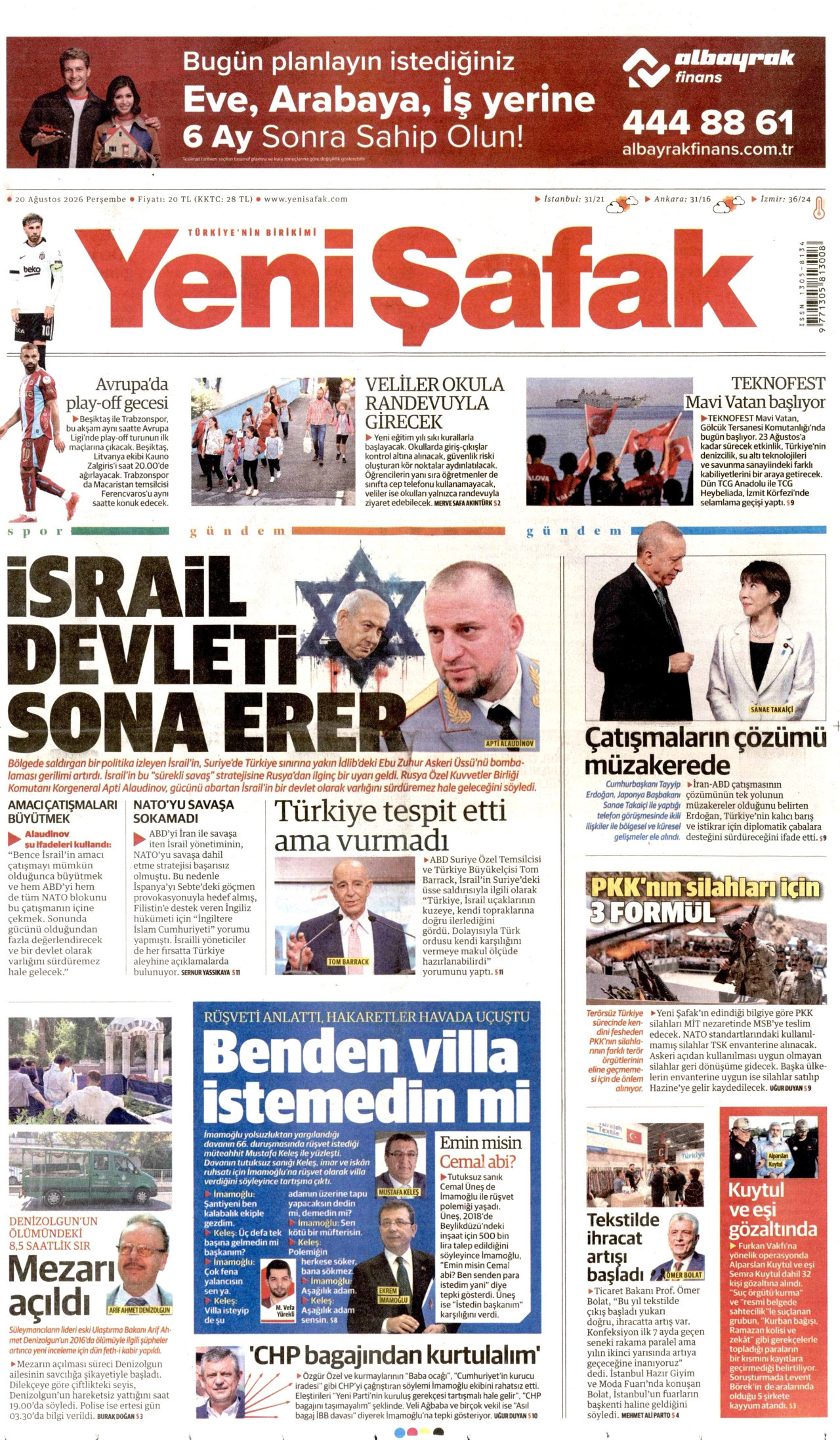 YENİ ŞAFAK gazetesinin 20 Ağustos 2026 tarihli birinci sayfası