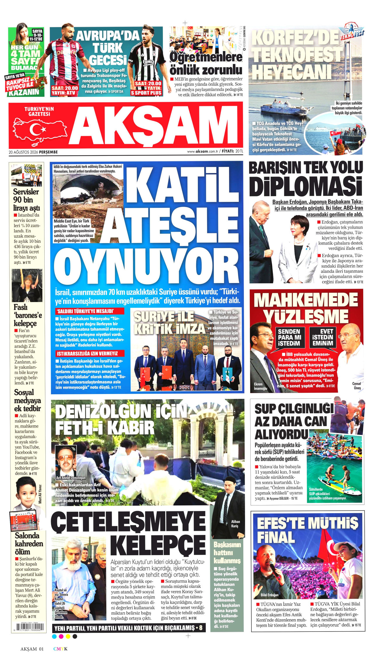 AKŞAM gazetesinin 20 Ağustos 2026 tarihli birinci sayfası