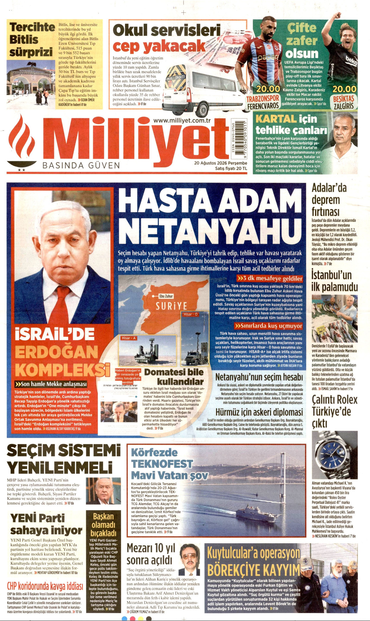 MİLLİYET gazetesinin 20 Ağustos 2026 tarihli birinci sayfası