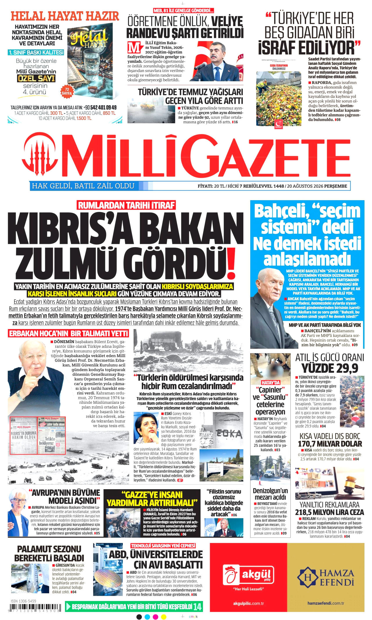 MİLLİ GAZETE gazetesinin 20 Ağustos 2026 tarihli birinci sayfası