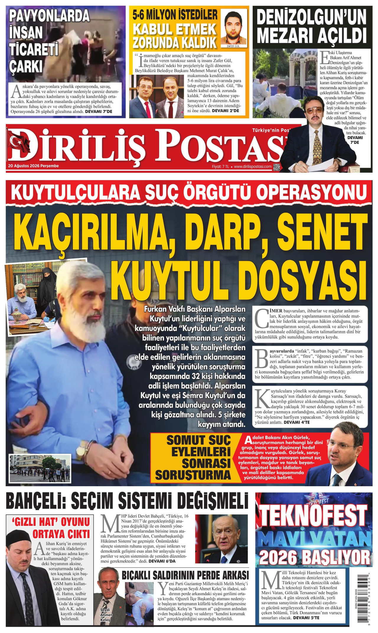 DİRİLİŞ POSTASI gazetesinin 20 Ağustos 2026 tarihli birinci sayfası