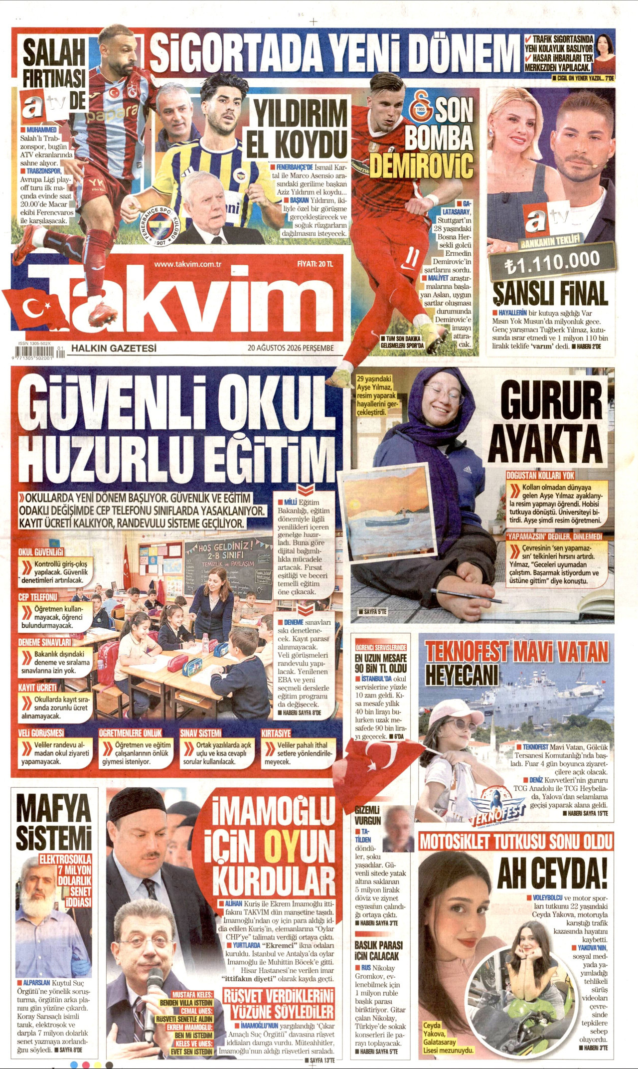 TAKVİM gazetesinin 20 Ağustos 2026 tarihli birinci sayfası
