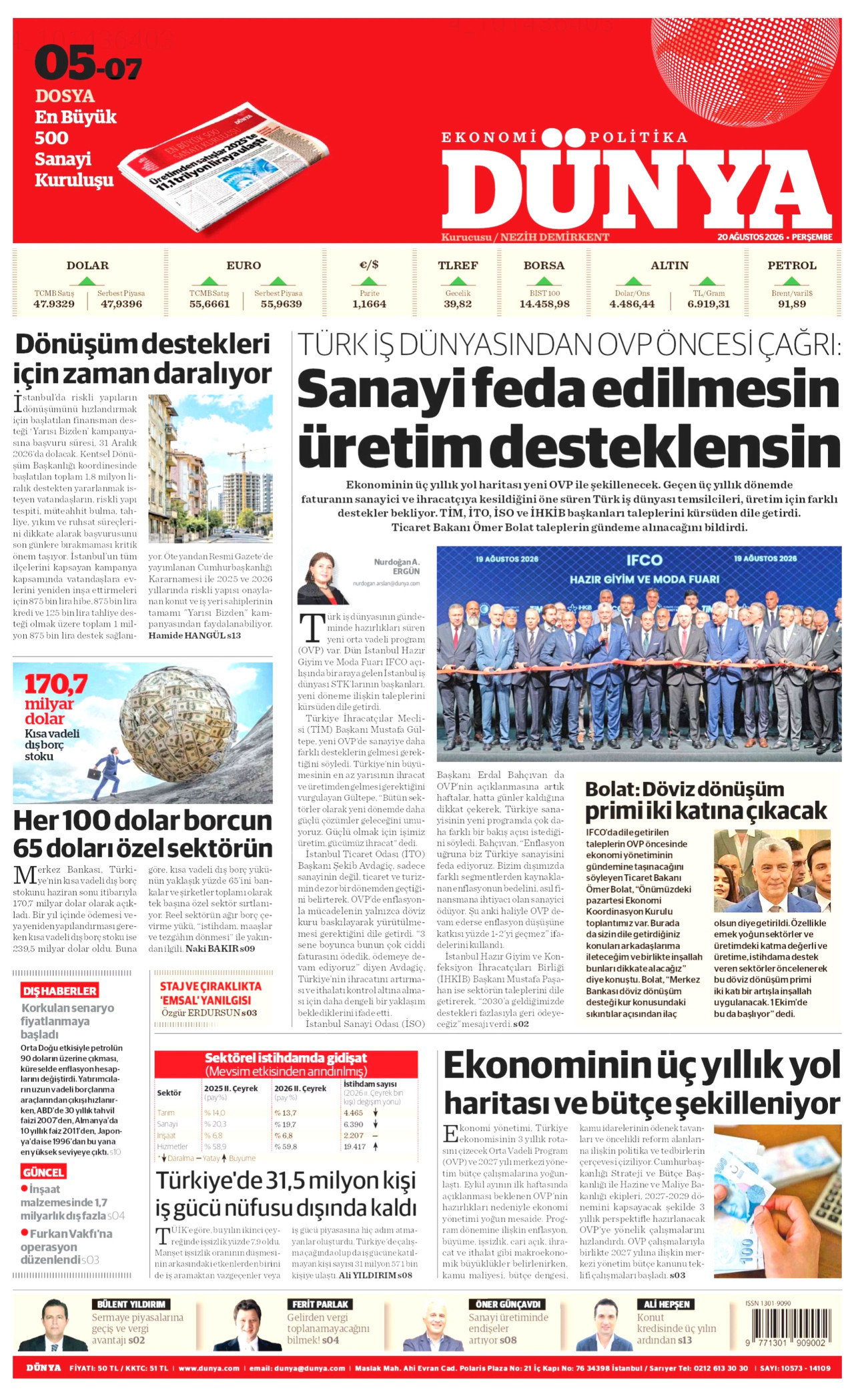DÜNYA gazetesinin 20 Ağustos 2026 tarihli birinci sayfası