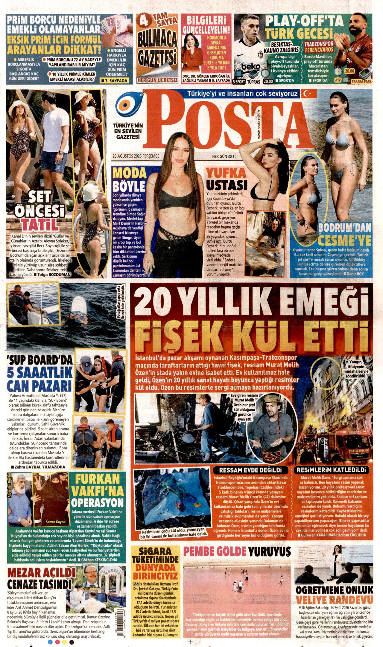 POSTA gazetesinin 20 Ağustos 2026 tarihli birinci sayfası