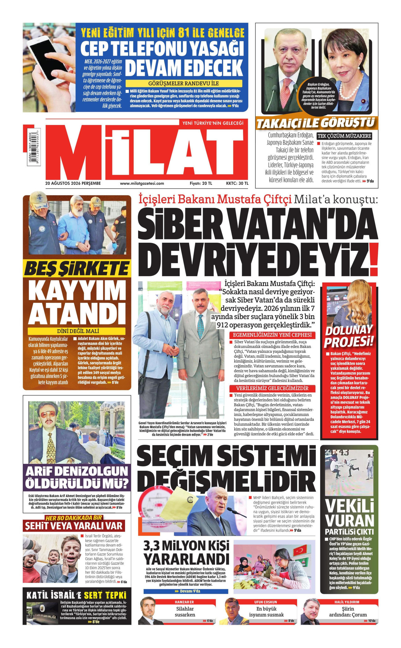 MİLAT gazetesinin 20 Ağustos 2026 tarihli birinci sayfası