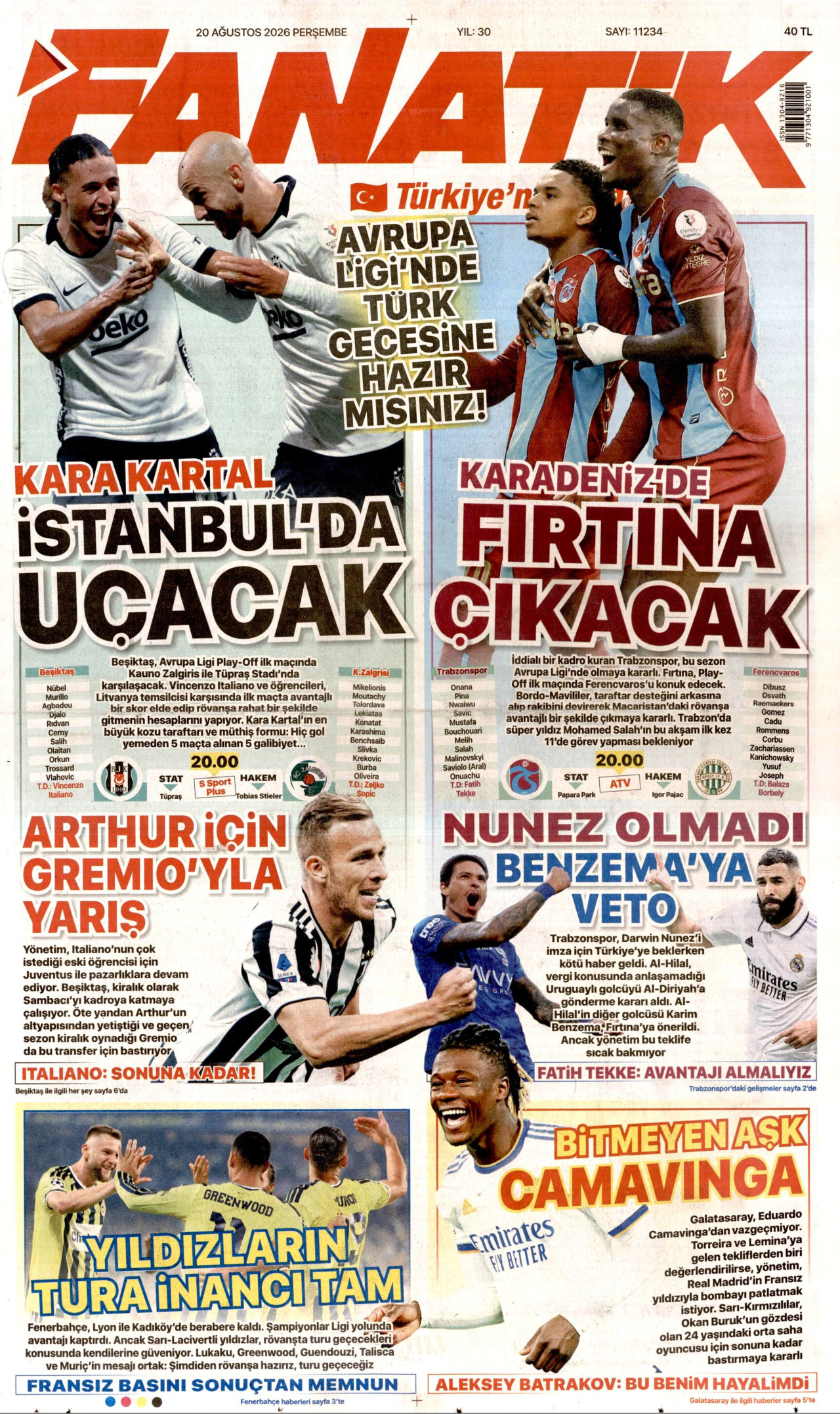 FANATİK gazetesinin 20 Ağustos 2026 tarihli birinci sayfası