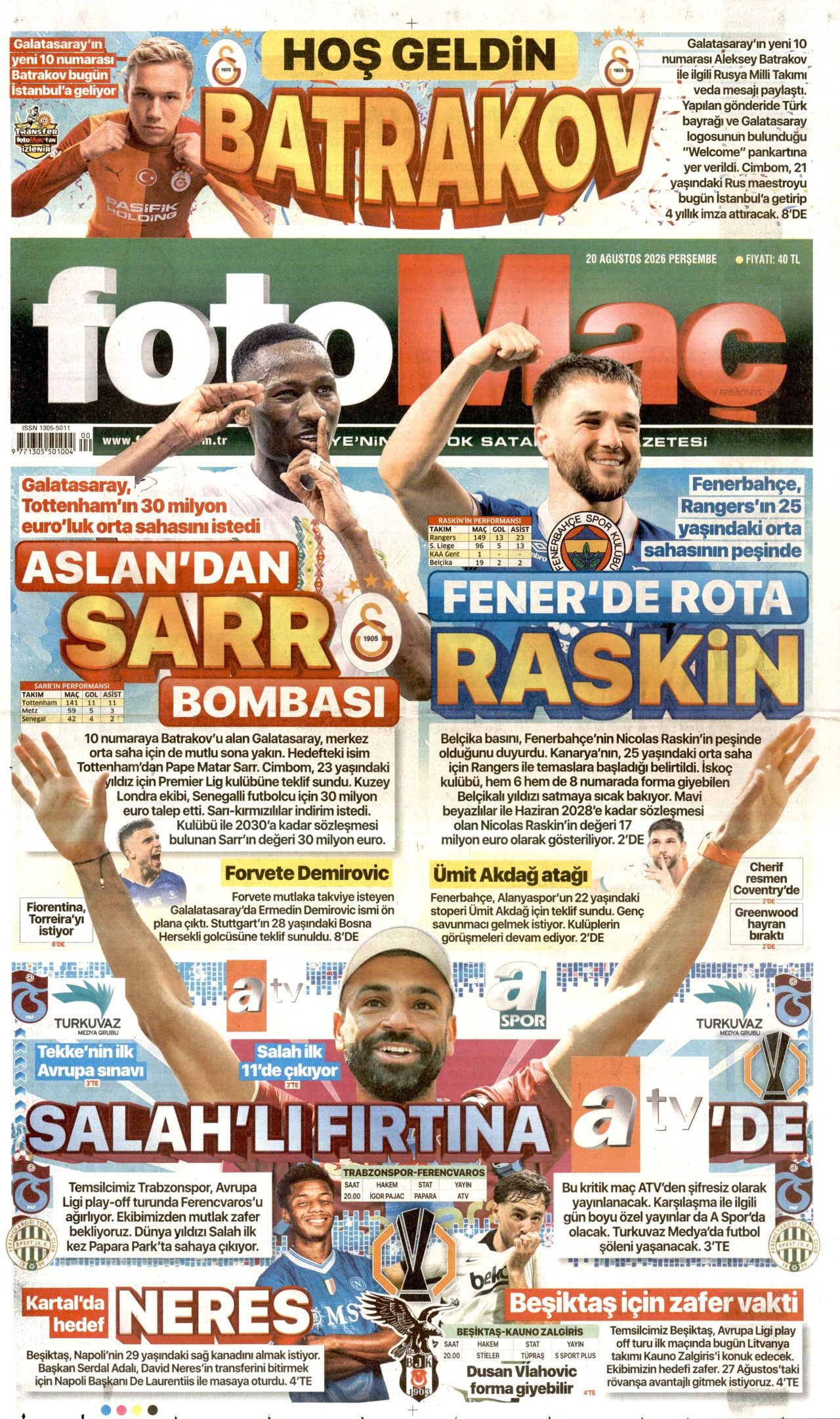 FOTOMAÇ gazetesinin 20 Ağustos 2026 tarihli birinci sayfası