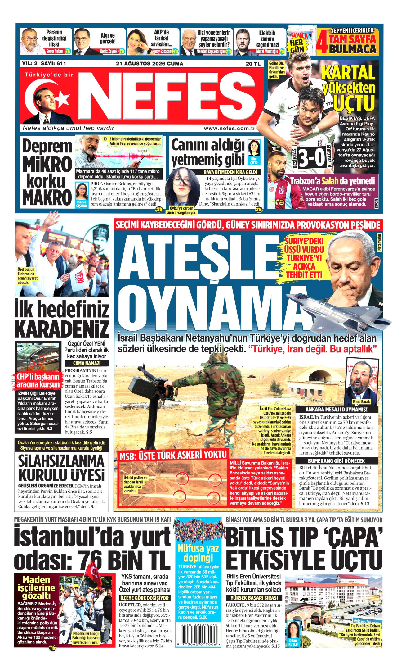 NEFES gazetesinin 21 Ağustos 2026 tarihli birinci sayfası