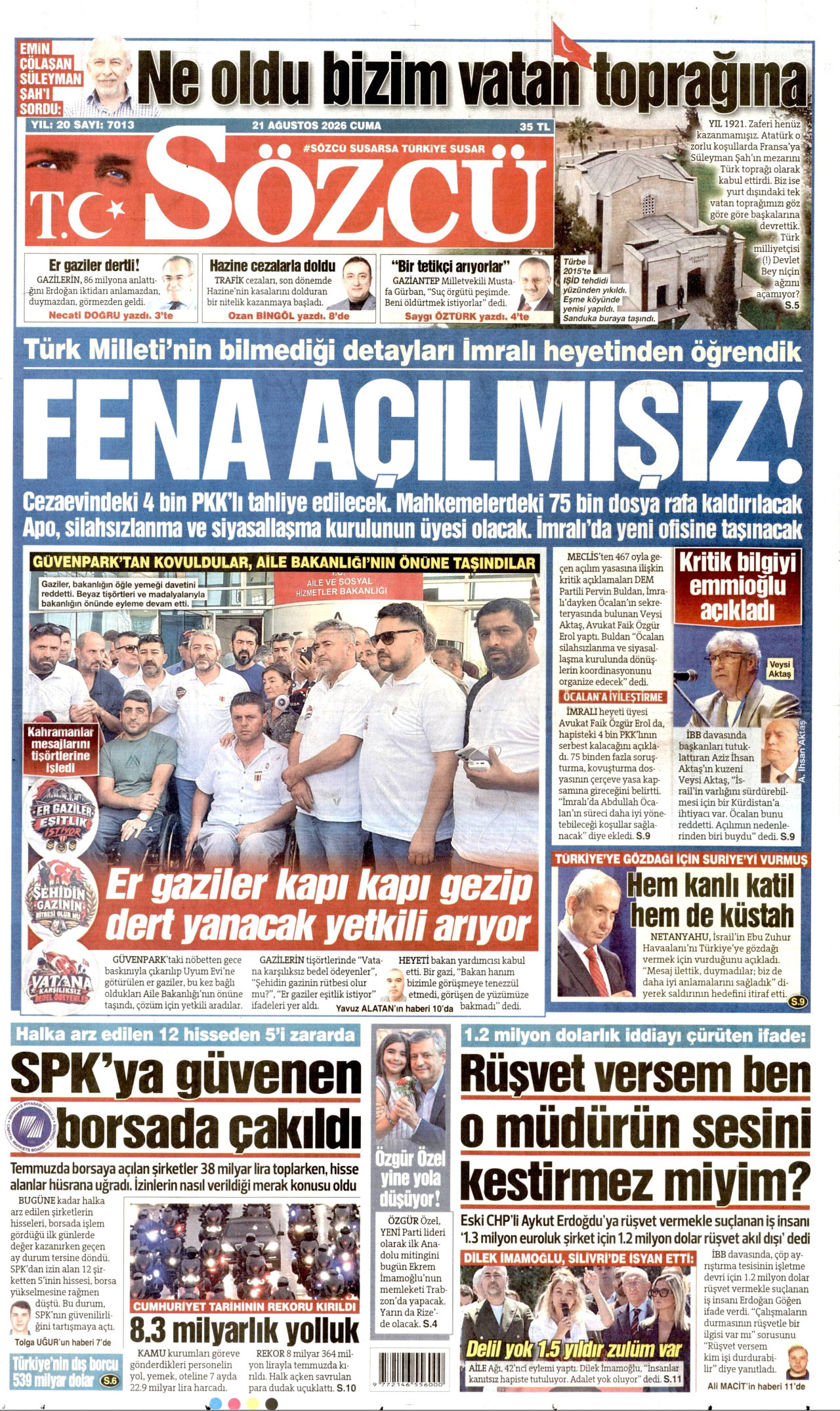 SÖZCÜ gazetesinin 21 Ağustos 2026 tarihli birinci sayfası