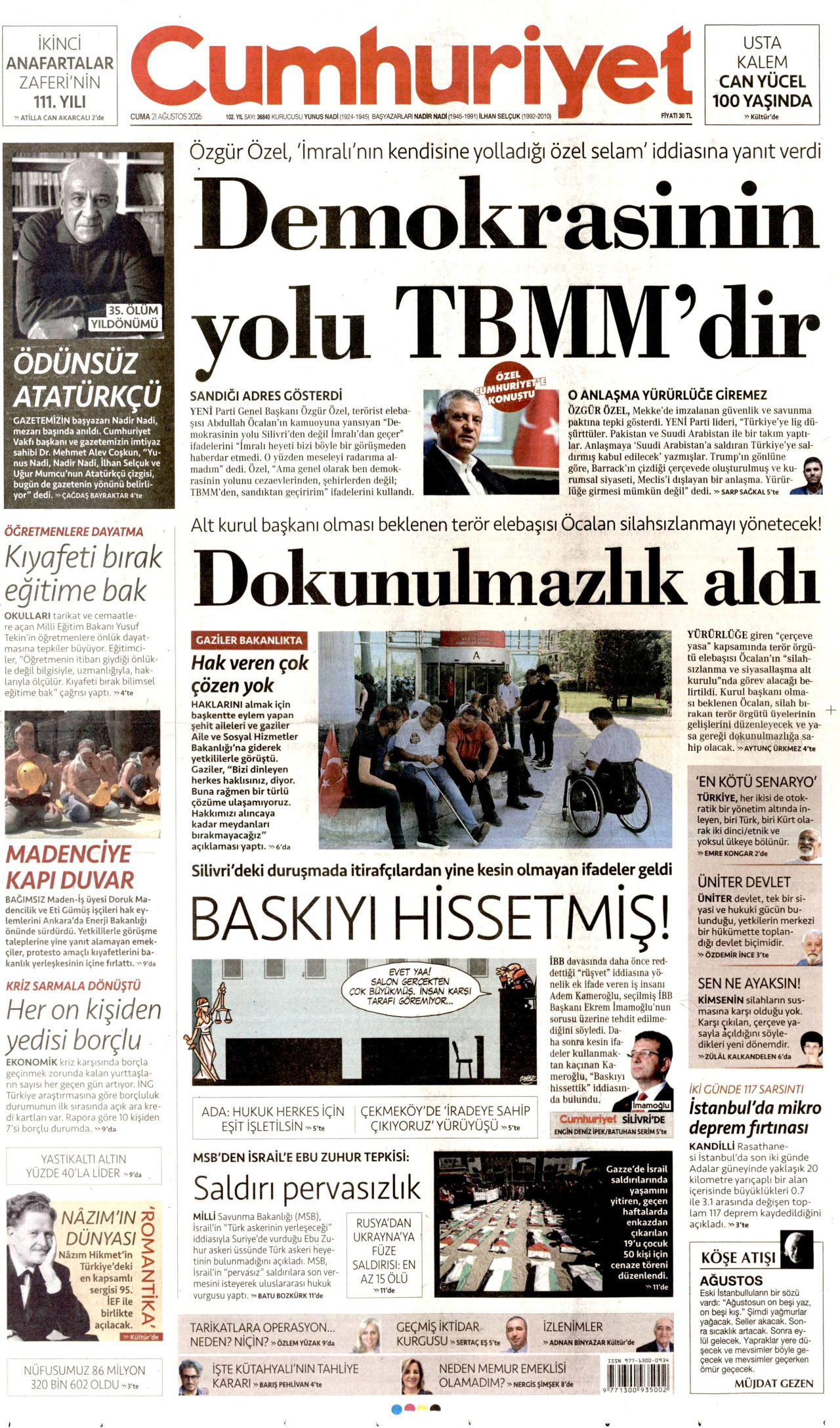 CUMHURİYET gazetesinin 21 Ağustos 2026 tarihli birinci sayfası