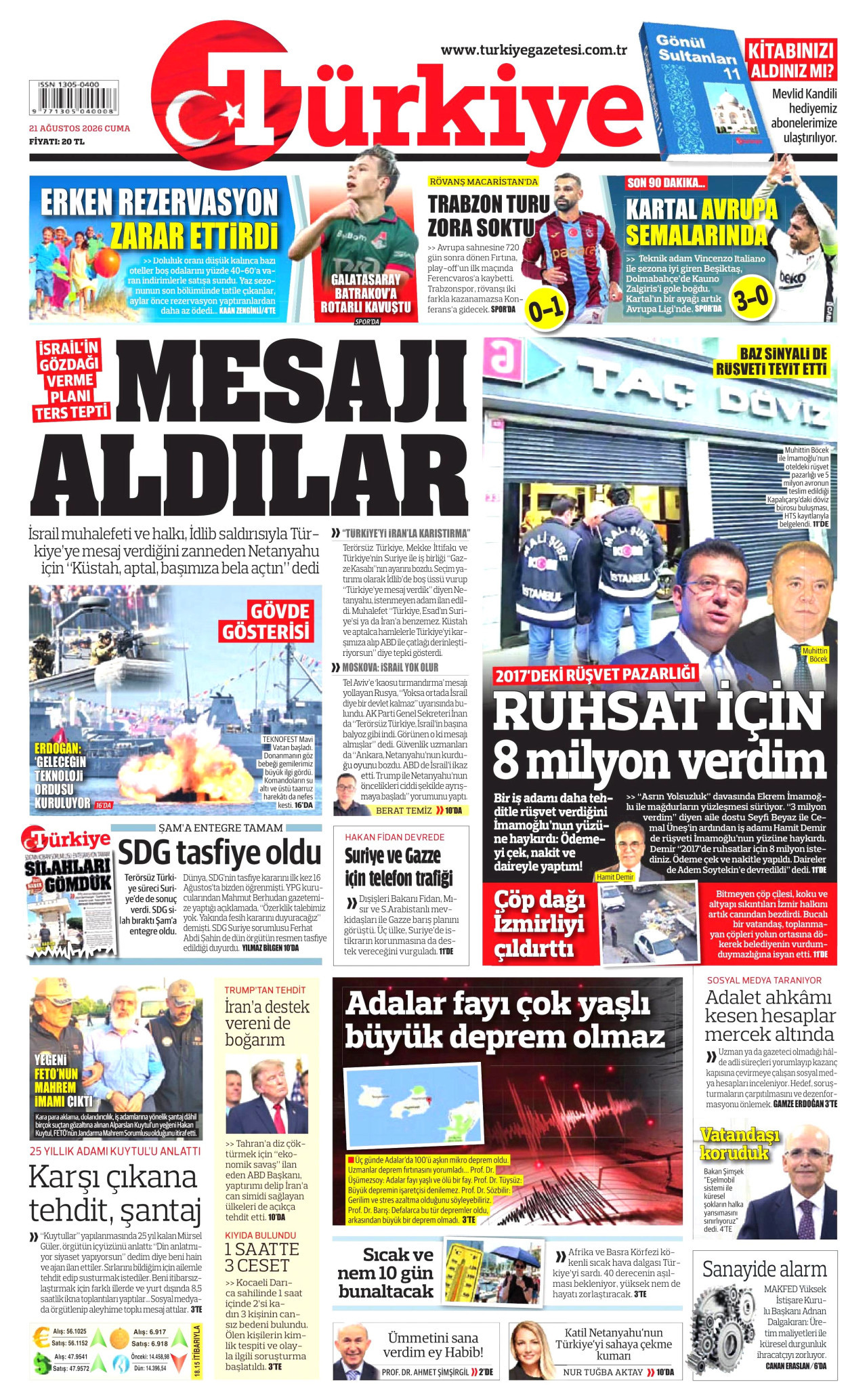TÜRKİYE GAZETESİ gazetesinin 21 Ağustos 2026 tarihli birinci sayfası