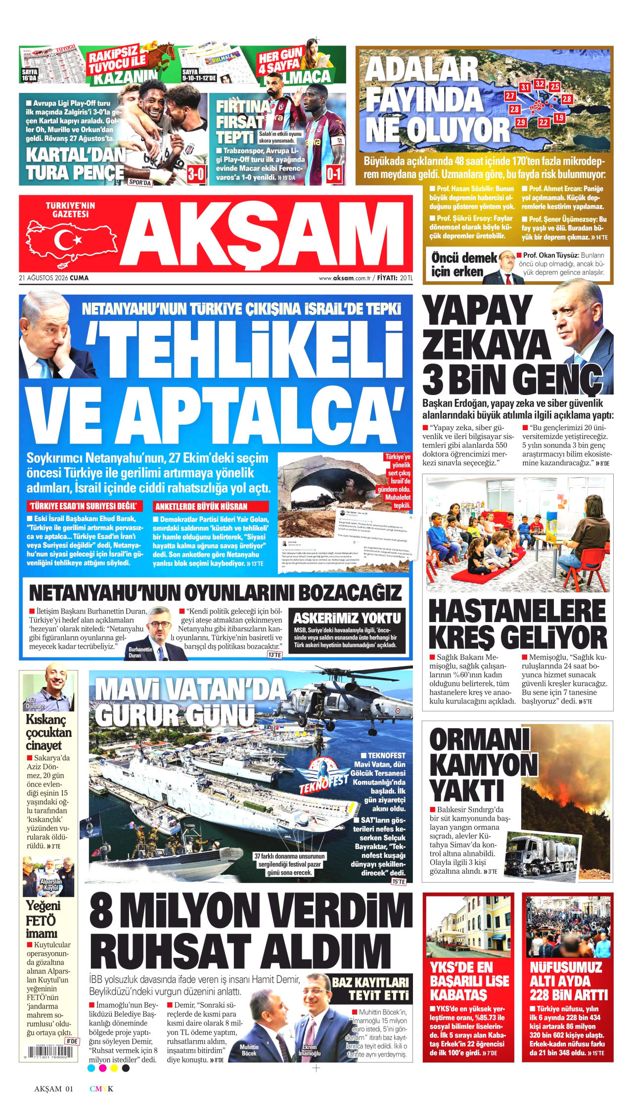AKŞAM gazetesinin 21 Ağustos 2026 tarihli birinci sayfası