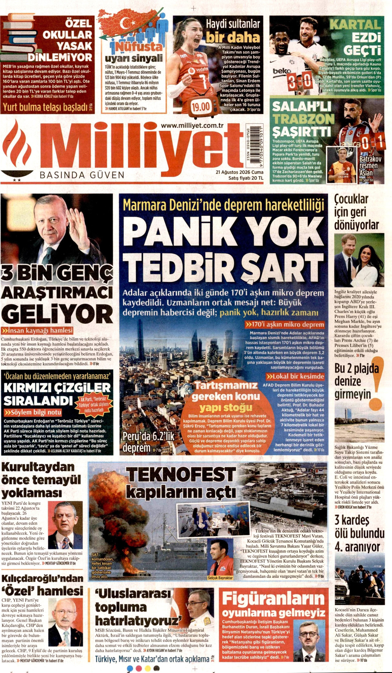 MİLLİYET gazetesinin 21 Ağustos 2026 tarihli birinci sayfası