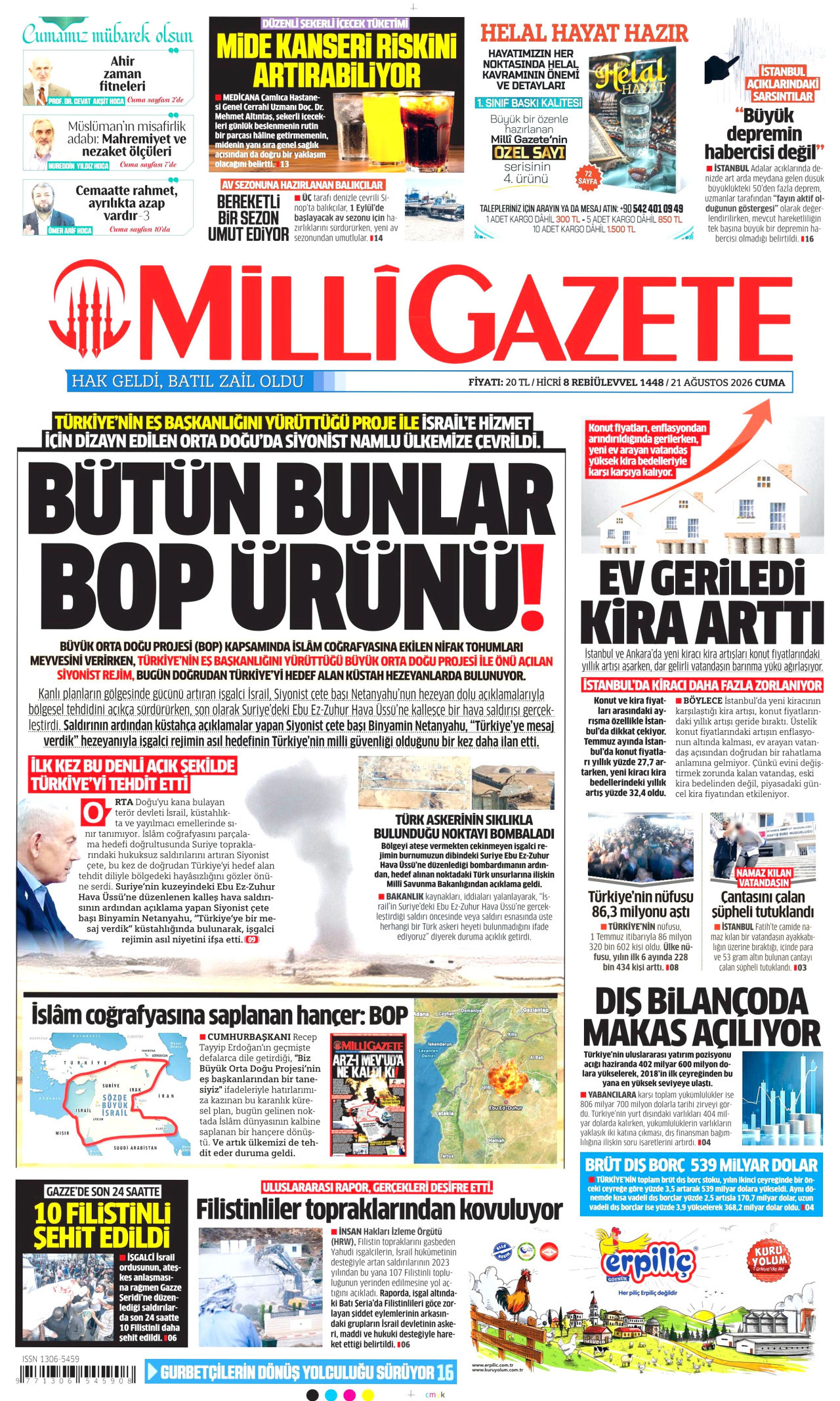 MİLLİ GAZETE gazetesinin 21 Ağustos 2026 tarihli birinci sayfası