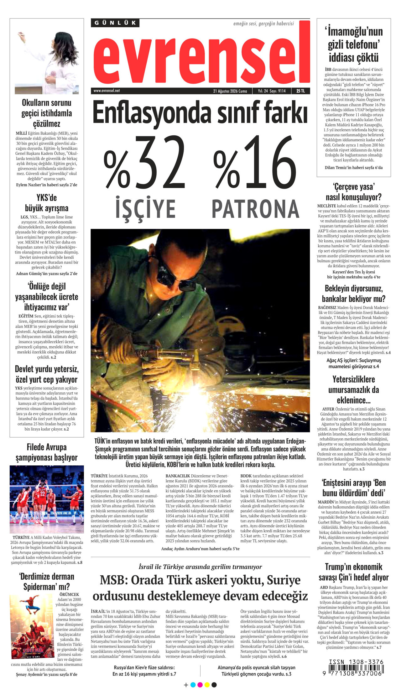 EVRENSEL gazetesinin 21 Ağustos 2026 tarihli birinci sayfası