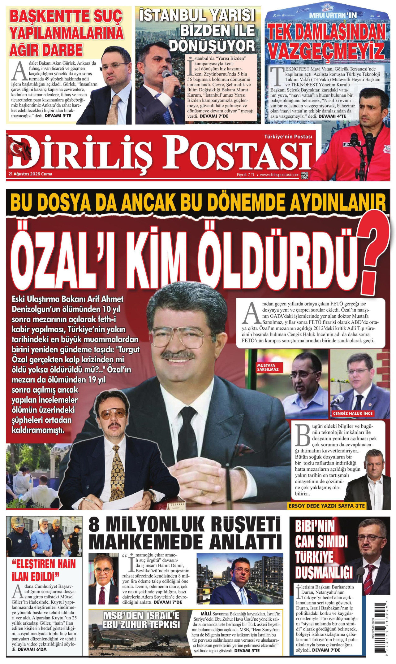 DİRİLİŞ POSTASI gazetesinin 21 Ağustos 2026 tarihli birinci sayfası