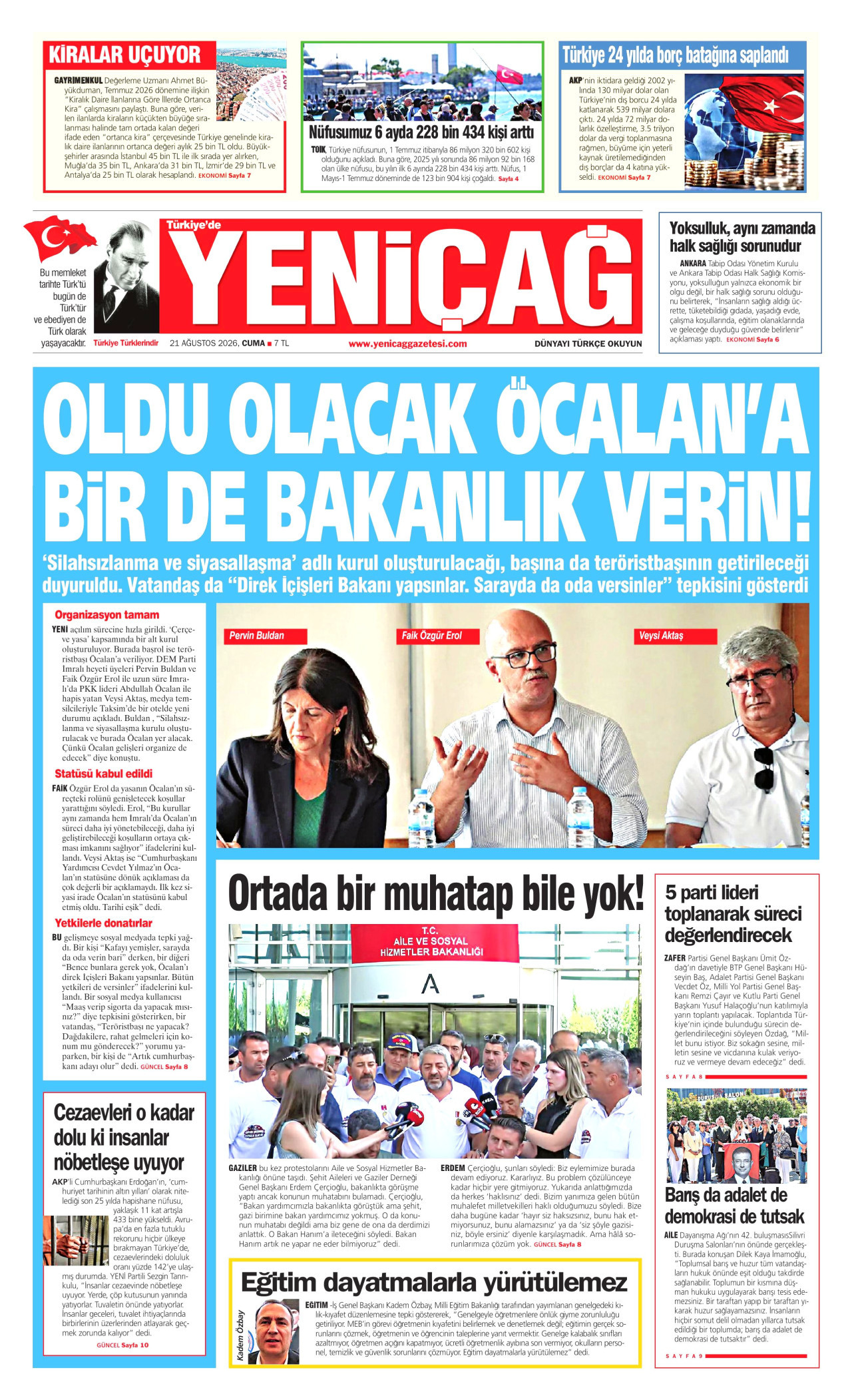 YENİÇAĞ gazetesinin 21 Ağustos 2026 tarihli birinci sayfası