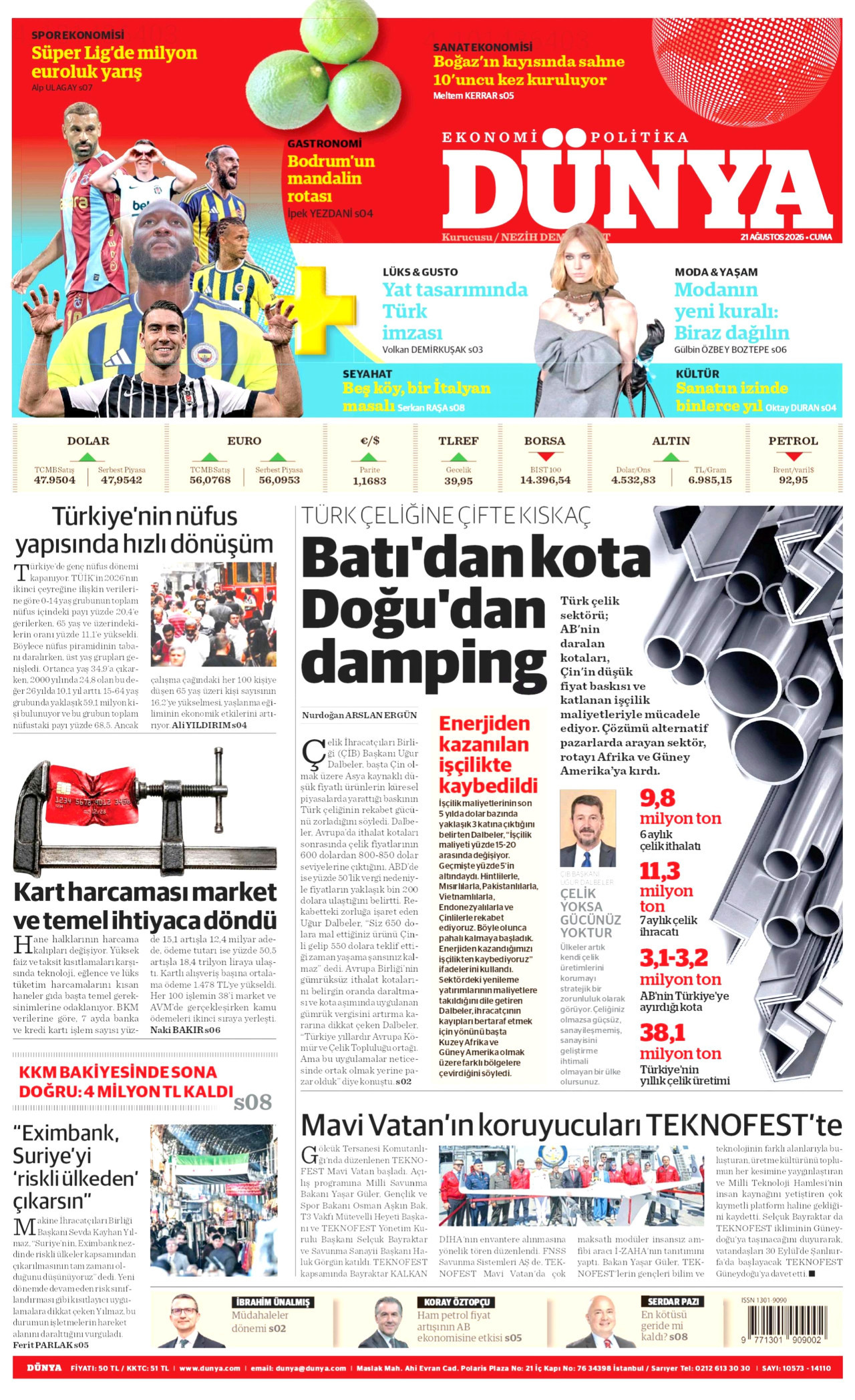 DÜNYA gazetesinin 21 Ağustos 2026 tarihli birinci sayfası