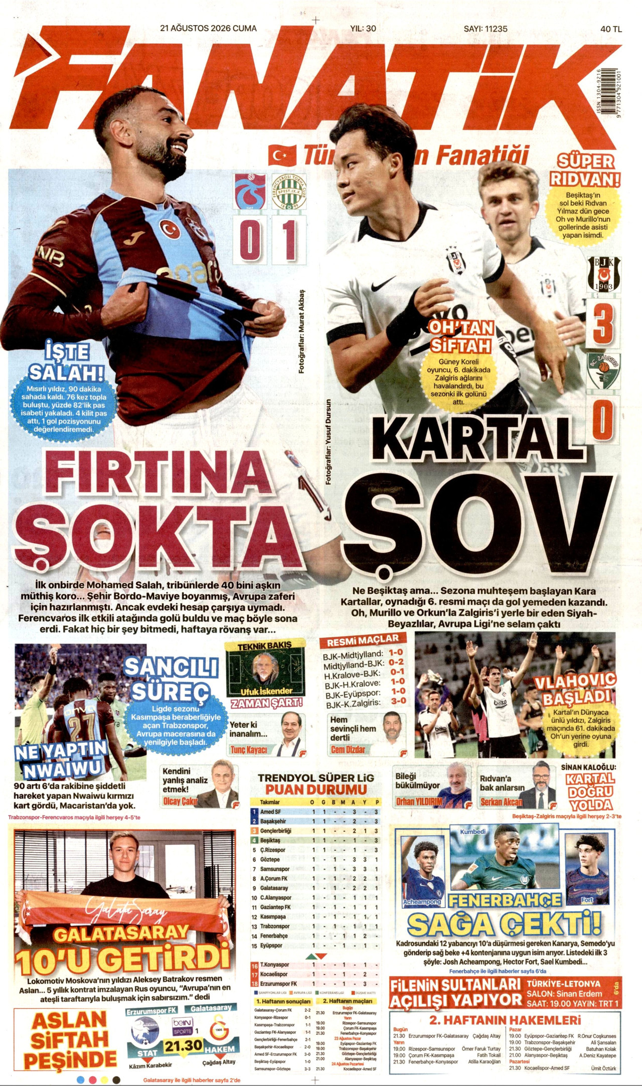FANATİK gazetesinin 21 Ağustos 2026 tarihli birinci sayfası