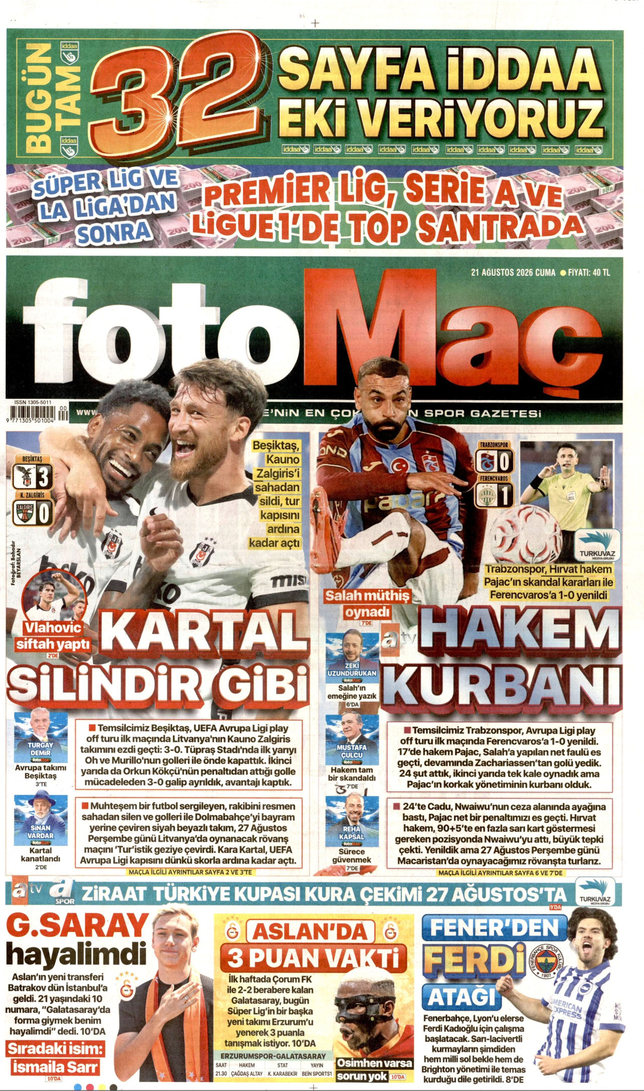 FOTOMAÇ gazetesinin 21 Ağustos 2026 tarihli birinci sayfası