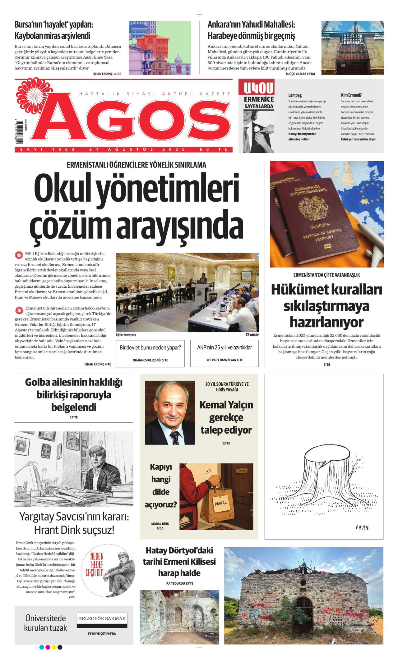 AGOS gazetesinin 21 Ağustos 2026 tarihli birinci sayfası
