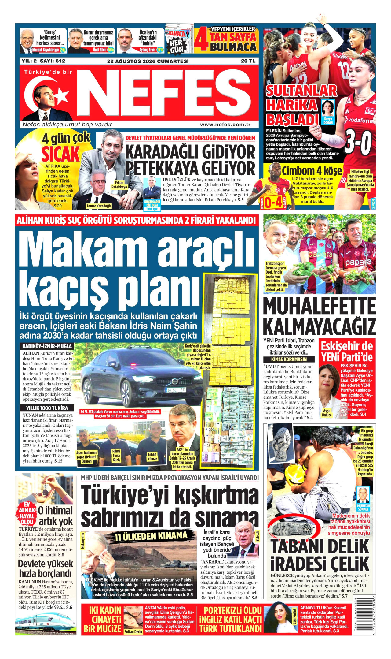 NEFES gazetesinin 22 Ağustos 2026 tarihli birinci sayfası