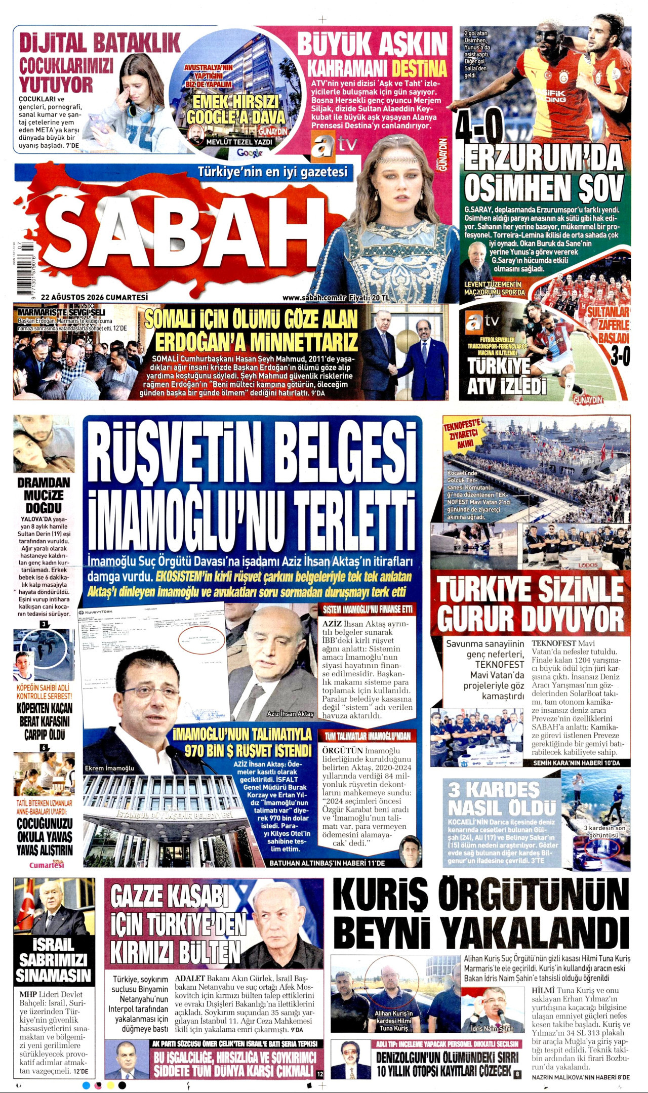 SABAH gazetesinin 22 Ağustos 2026 tarihli birinci sayfası