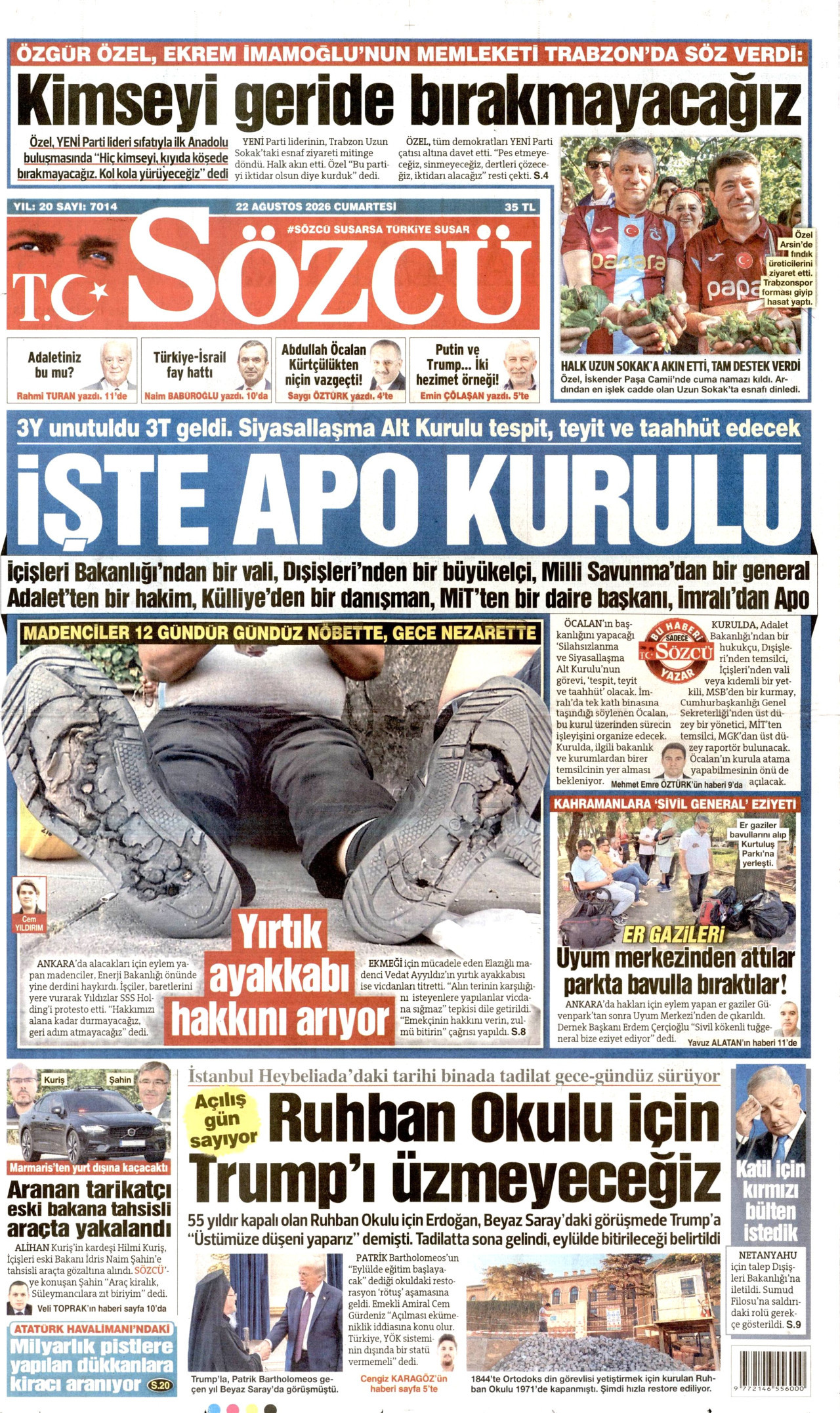 SÖZCÜ gazetesinin 22 Ağustos 2026 tarihli birinci sayfası