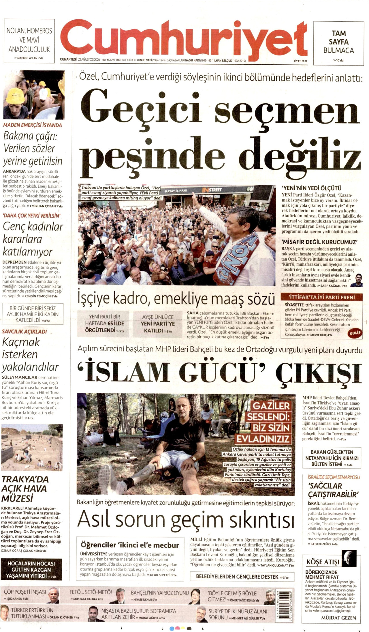 CUMHURİYET gazetesinin 22 Ağustos 2026 tarihli birinci sayfası