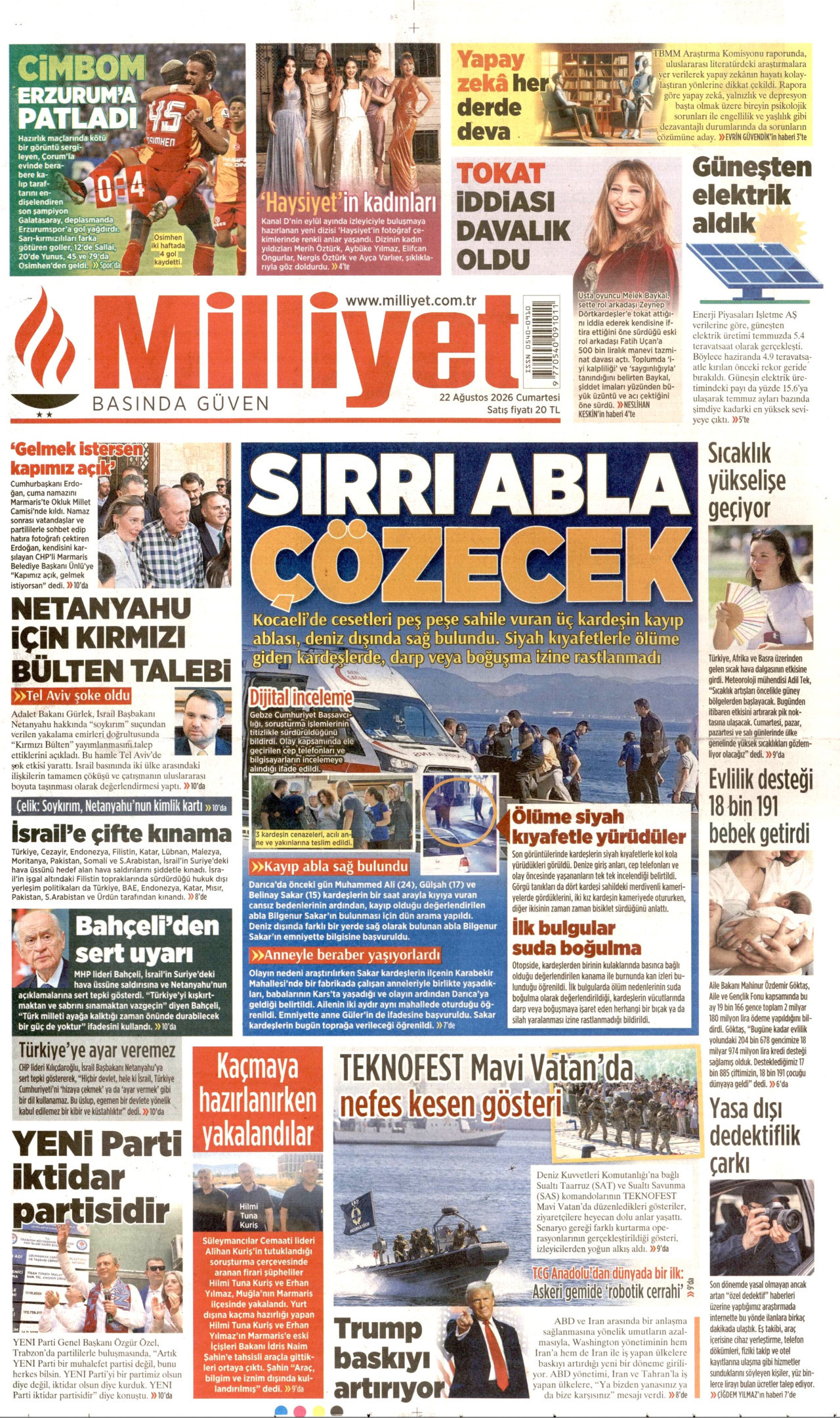 MİLLİYET gazetesinin 22 Ağustos 2026 tarihli birinci sayfası
