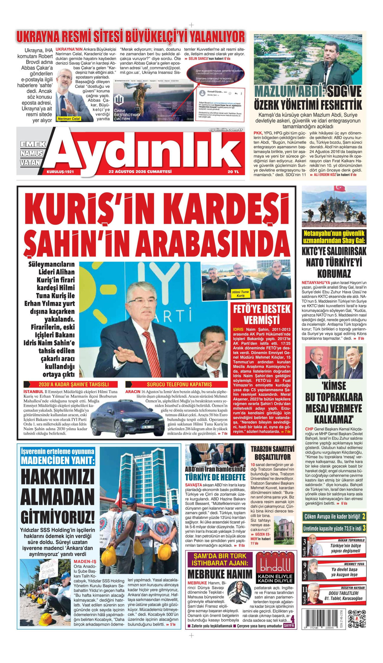 AYDINLIK GAZETESİ gazetesinin 22 Ağustos 2026 tarihli birinci sayfası